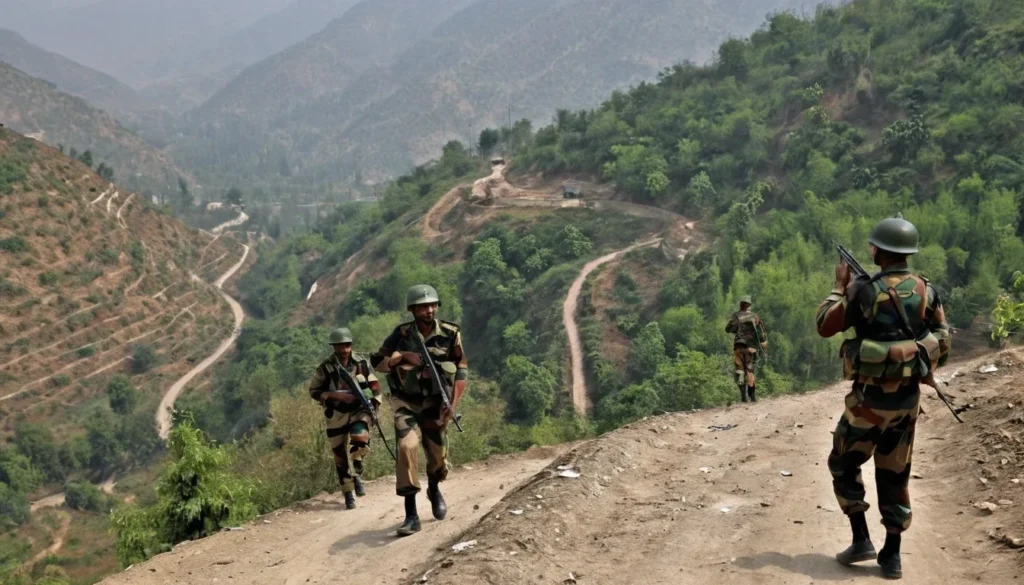 a group of soldiers walking on a dirt road with trees and mountains